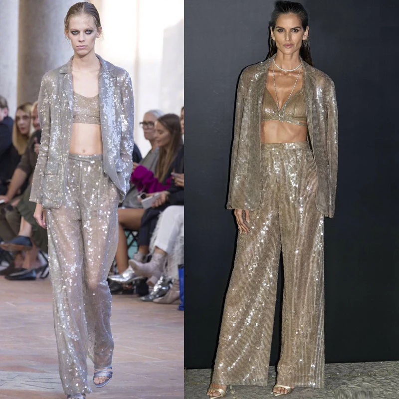 Women Set Blazer Trousers Two Piece Clubwear Long Sleeves Sequin bling bling 2pcs set A2393, Gold silver
Women Set Blazer Trousers Two Piece Clubwear Long Sleeves Sequin bling bling 2pcs set A2393, Gold silver