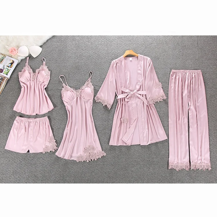Women Pajamas 5 Pieces Satin Sleepwear Pijama Silk Home Wear Home Clothing Embroidery Sleep Lounge Pyjama with Chest Pads
Women Pajamas 5 Pieces Satin Sleepwear Pijama Silk Home Wear Home Clothing Embroidery Sleep Lounge Pyjama with Chest Pads
