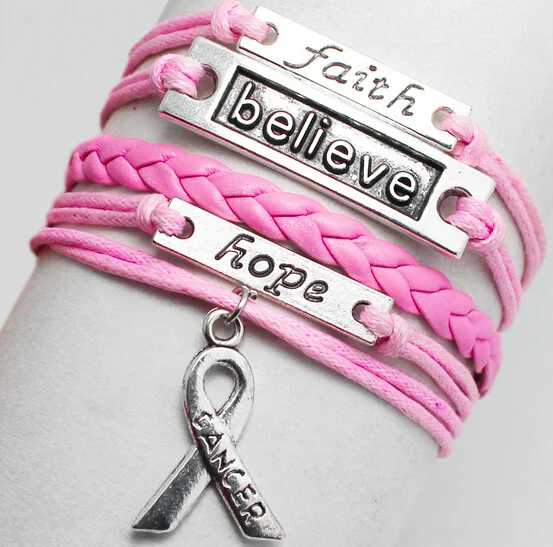 Новое поступление ручной работы многослойный Розовый Рак груди кожаный браслет для женщин мужчин, вера верить надежда браслет