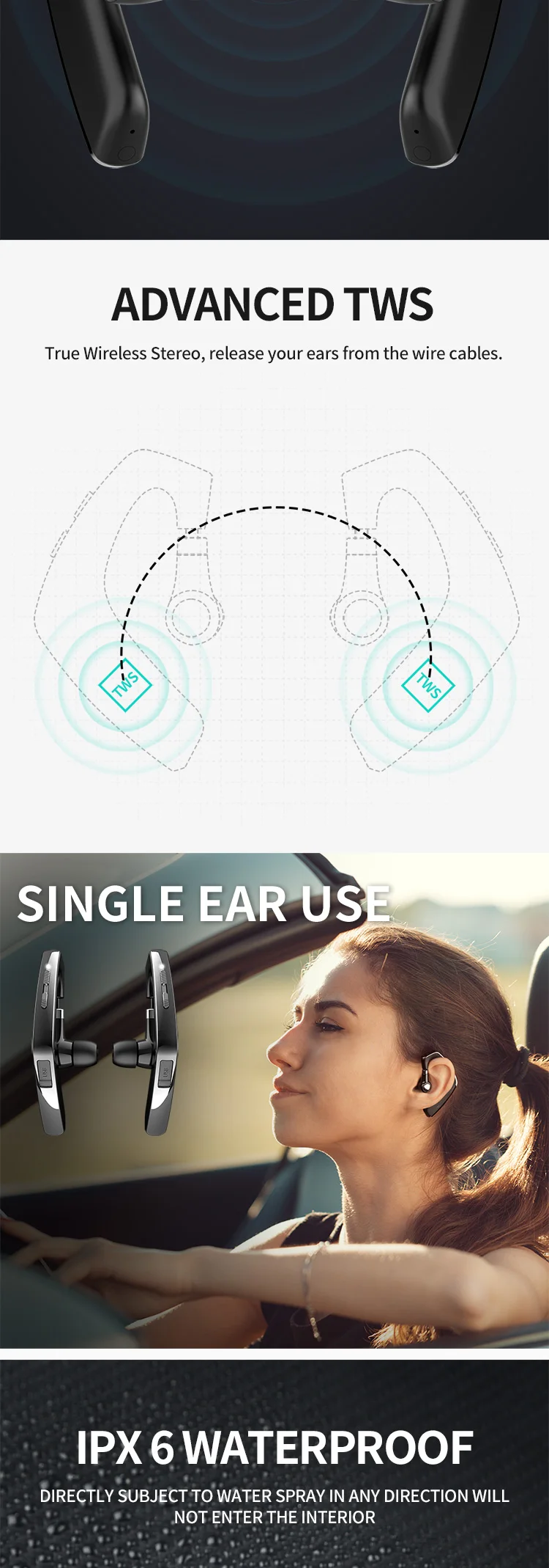 Picun W3 TWS 5.0 Mobile Phone Handfree IPX6 Waterproof Sport Wireless Bluetooth Earhook Earphone - ANKUX.COM