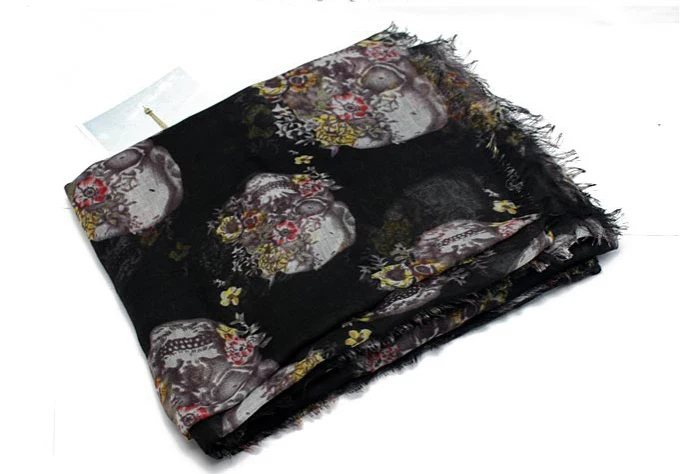 2015 New fashion black skull printted 100% cotton silk scarf for women spring summer shawl wraps bufanda lencos de seda HOT SELL