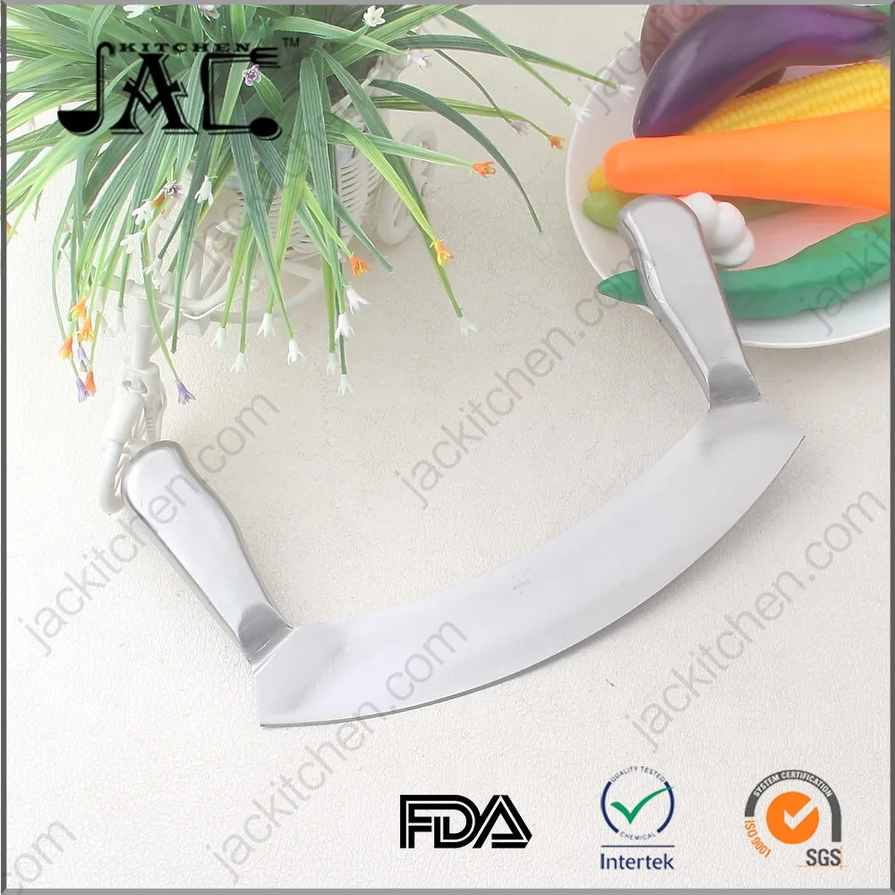 Hot Stainless Steel Double Handle Crescent Chopper Blade Mezzaluna Knife