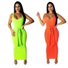 Sleeveless Lace Up Fashion Solid Color Women Long Bodycon Dress Maxi Summer Knit Dress