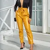 Women Faux PU Leather Pants Button Zippers Capris Casual Sexy Belt High Waist Trousers Long Pants 5 Color Y11232