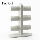 FANXI Custom Logo 3 layers T bar Wooden Jewelry Display Holder For Bracelet Watch Exhibitor Beige Linen Bangle Stand
