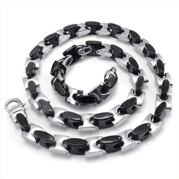 Wholesale Mens Silver Black Splice Simple Flat Hammered Cool Boys High Quality Hip Hop Punk Rock Hot Sale Chain Necklace 54cm