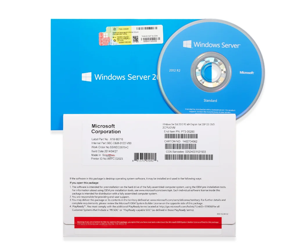 

Microsoft Windows Sever 2012 r2 Standard 64 bits DVD oem license package Activation online