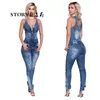 African European stylish sexy V neck sleeveless slim fit long jeans one piece overall denim romper jumpsuit