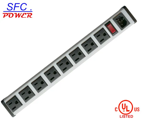 IEC 60320 Inlet C14 PDU POWER STRIP, NEMA 5-15R 8 OUTLETS, VERTICAL RACK / SURFACE MOUNT, METAL ENCLOSURE, D.P. CIRCUIT BREAKER,