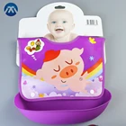Hot Sale Wholesale Waterproof Print Plastic EVA PEVA Baby Feeding Teething Bib With Pocket