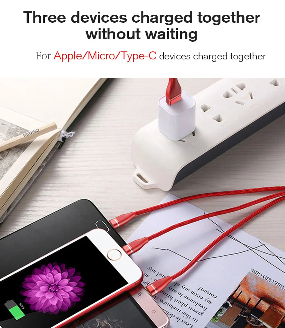 New Arrival High Quality Braided Durable 2.4 A Usb Cable for Iphone X 3 in 1 Fast Charging Phone Cable - ANKUX.COM
