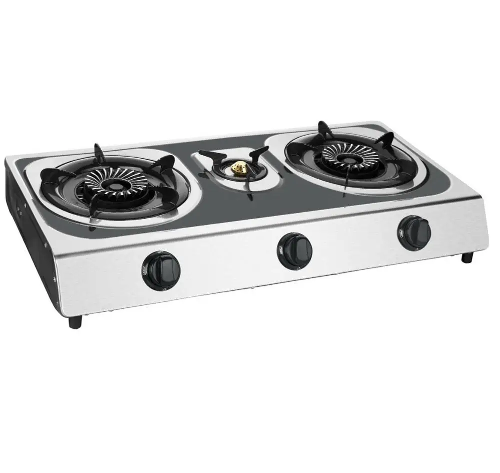 Stainless Steel Portable Gas Cooker Cast Iron 3 Burner Home Gas