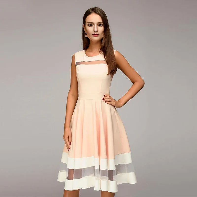 2019 Women elegant knee-length dress sexy mesh patchwork O-neck A-line Vestidos women summer Sleeveless party dress
2019 Women elegant knee-length dress sexy mesh patchwork O-neck A-line Vestidos women summer Sleeveless party dress