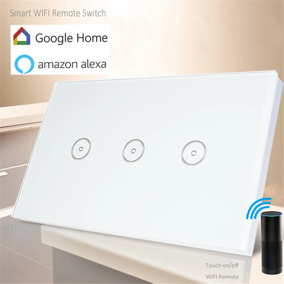 US Standard 10AGang Smart WIFI Switch 3 Gang 1 way Touch Panel,Wireless Remote Wifi Light Switch,Works With Alexa Google Home