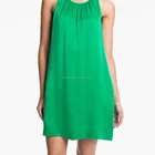 Gathered neck side pockets women sleeveless green silk dress