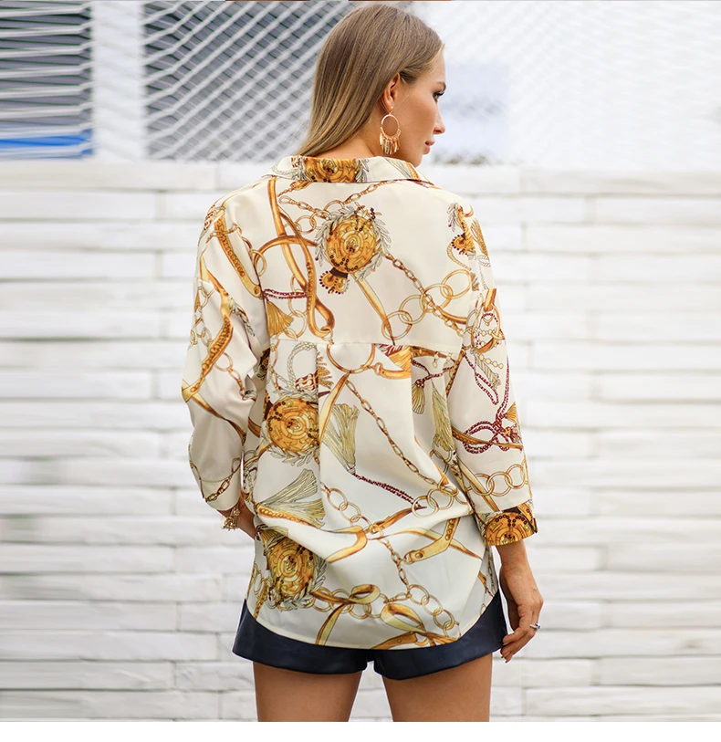 Custom pattern printing ladies long sleeve women latest chiffon tops and blouses  