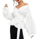 V-neck off-the-shoulder sexy ladies shirt long-sleeved lantern sleeve bow waist shirt