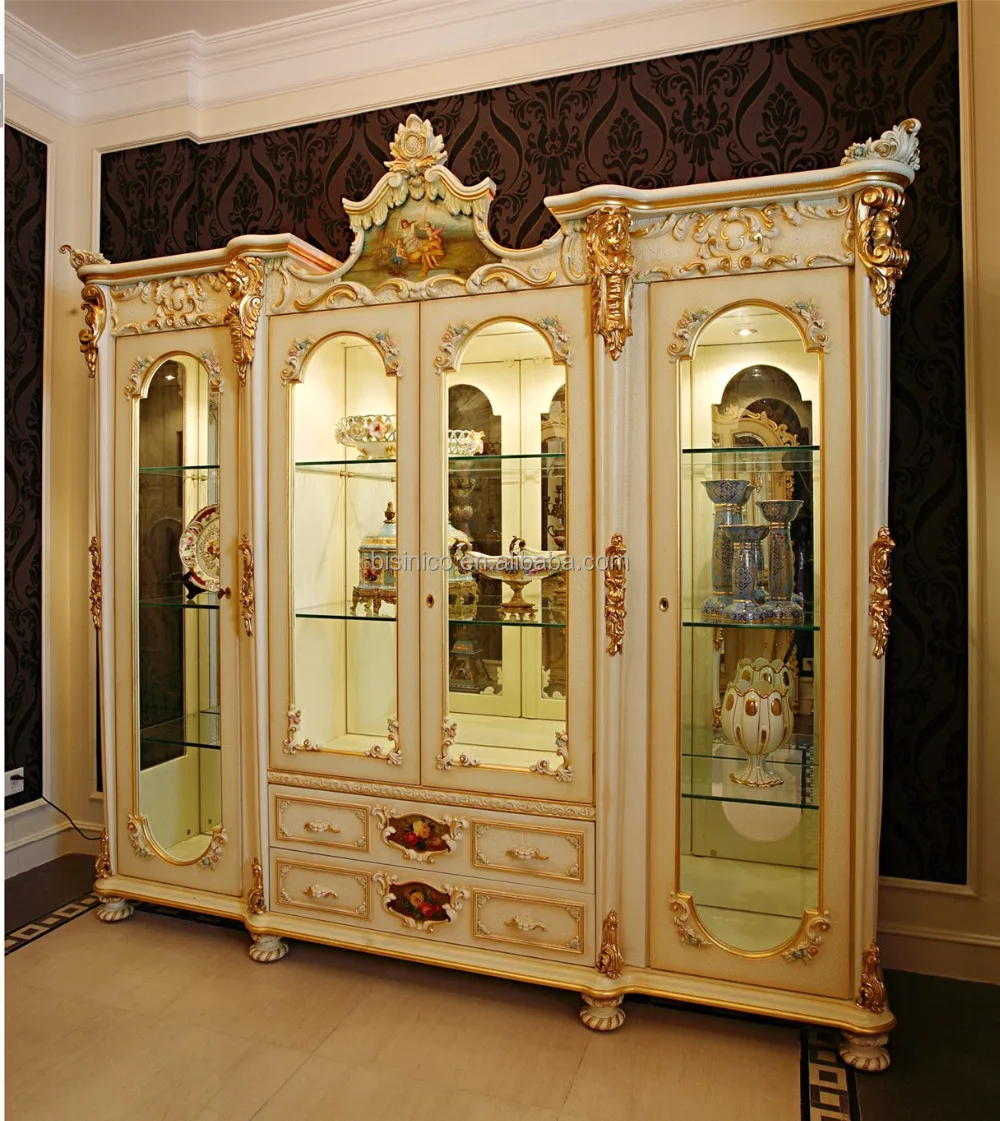 Luxe franse rococo stijl witte stuy kamer boekenkast\/paleis mooie houten gesneden vitrinekast 