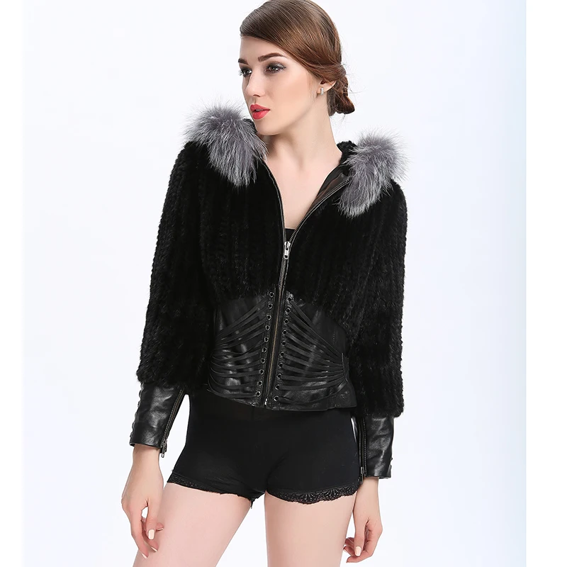 Hooded Mink Fur Coat 2015 Short Knitted Coats Silver Fox Cap Fur coat Genuine Leather Cuff Black Hooded Mink Fur Coat S-2XL