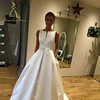 Floor Length Bow V Back Sleeve Satin Simple Elegant Modern Wedding Dress With Pocket
