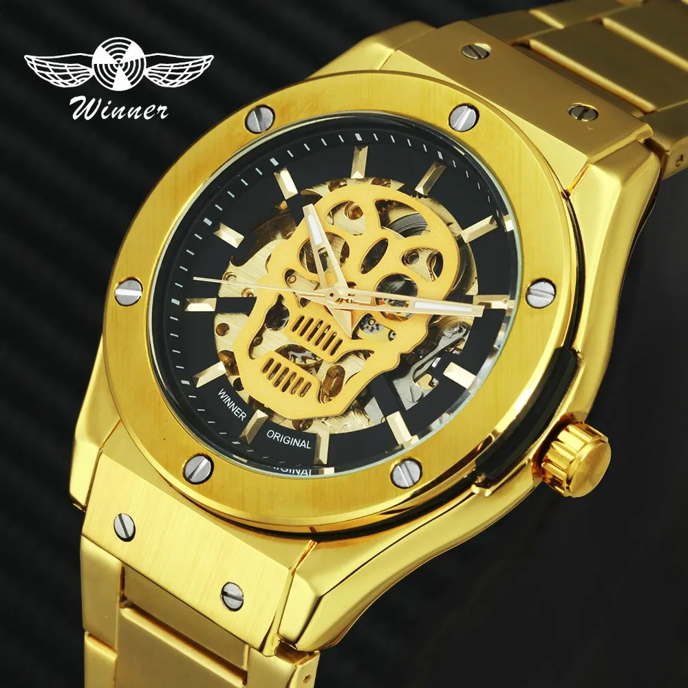 WINNER Top Brand Luxury Royal Dress Auto Mechanical Watch Men Golden Stainless Steel Strap Unique Chic Design Skull Wristwatch
WINNER Top Brand Luxury Royal Dress Auto Mechanical Watch Men Golden Stainless Steel Strap Unique Chic Design Skull Wristwatch