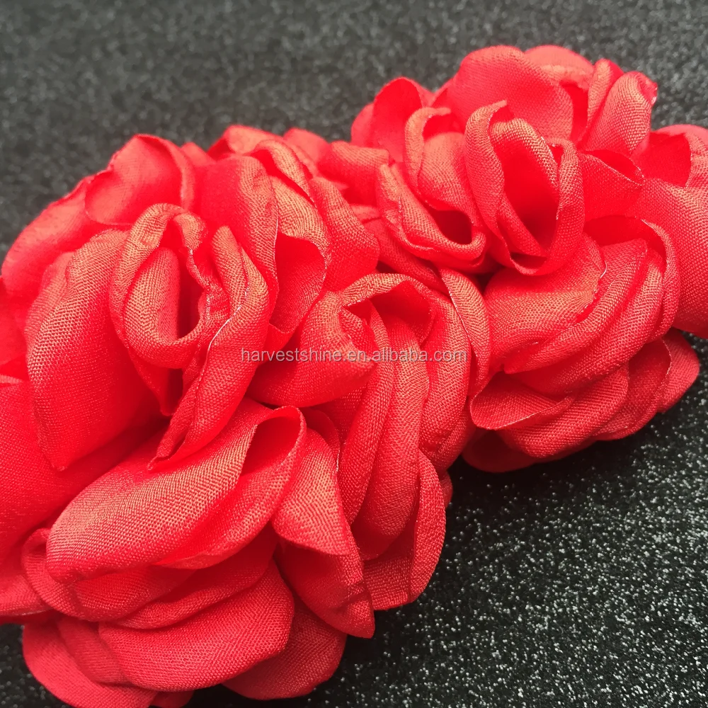 hot red burnt fabirc satin flowers for clothing,two flower rose