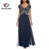women dress sexy floor length pullover V-neck dress Floral Beaded applique Chiffon A-Line Gown Cap sleeves sexy night dress
