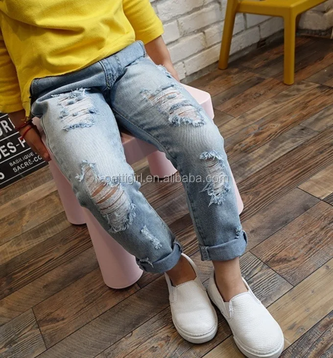Boys and Girls Fall Boutique Items Popular 2016 Hot Sell Washed Korean Kids Fashion Ripped Jeans Pants PT80810-7