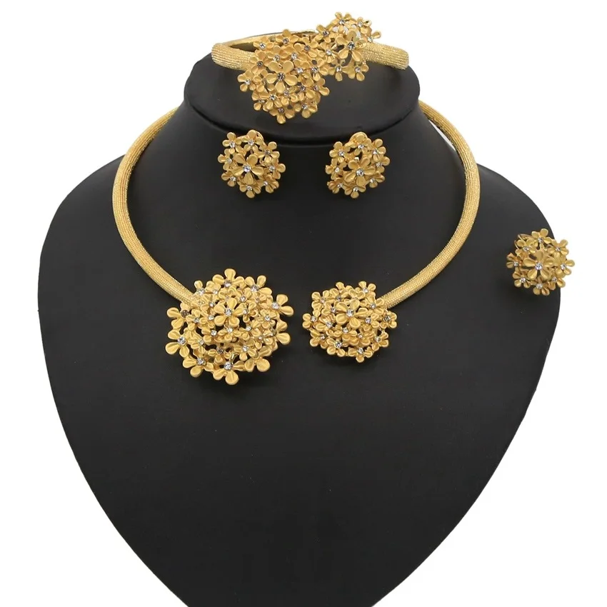 

Yulaili Nigerian Wedding Bridal African Gold Color Jewelry Set Dubai Imitated Crystal Necklace Bracelet Earrings Ring Sets