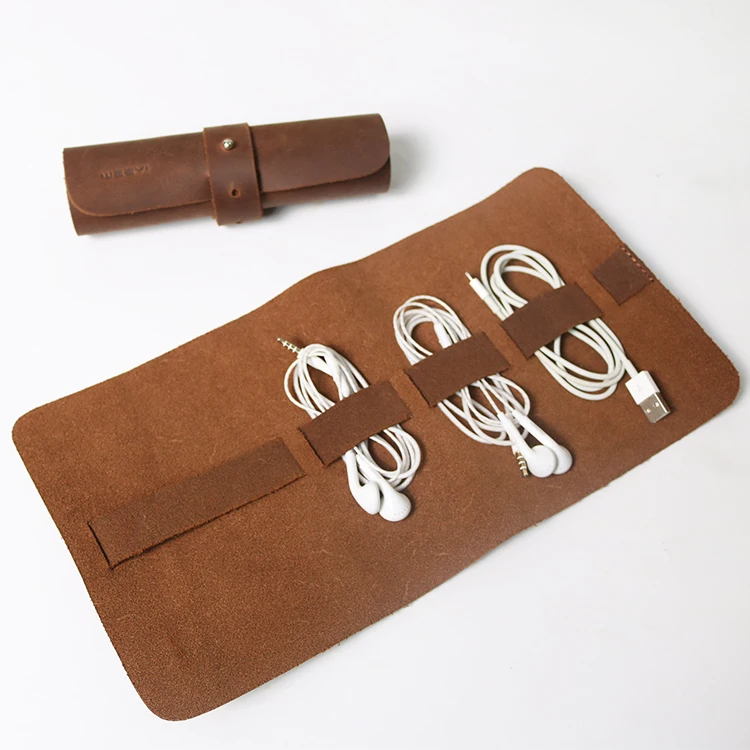 Custom high quality retro roll up leather cord wrap organizer for USB and earphone