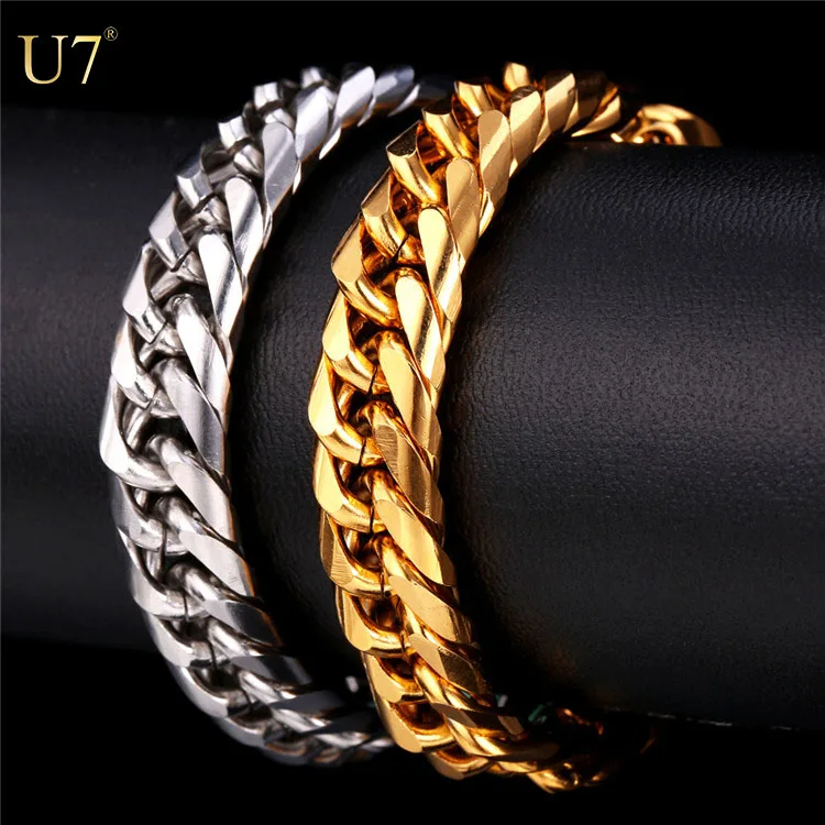 

U7 men chunky bracelet 316L stainless steel 18k gold plated Thin heavy Cuban Link bike Chain Mens Bracelets