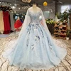 LS31447 light blue off shoulder puffy prom dresses long train applique see through cape prom party dresses