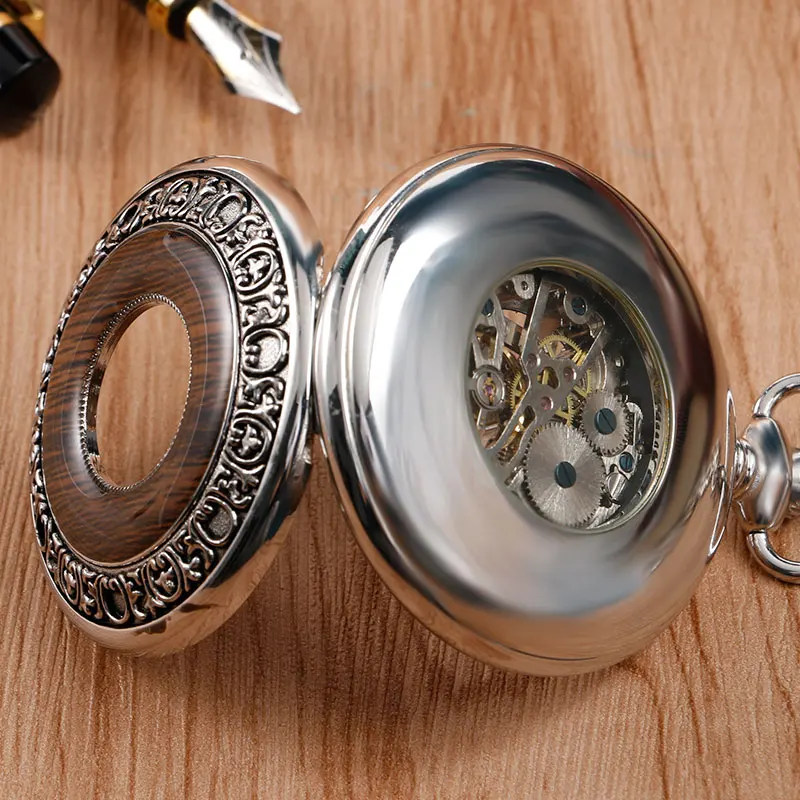 High Quality Special Design Copper Hand-winding Stylish Steampunk Mechanical Pocket Watch Men Carving Wood Circle Fashion Chain  2017 2018 Gifts (23)