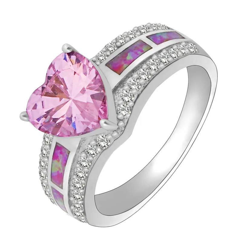 2015 Romantic Engagement Gift Hot Pink Opal Ring Size6/7/8/9 Heart Pink CZ White Gold Filled Band Women Wedding Rings RP0040