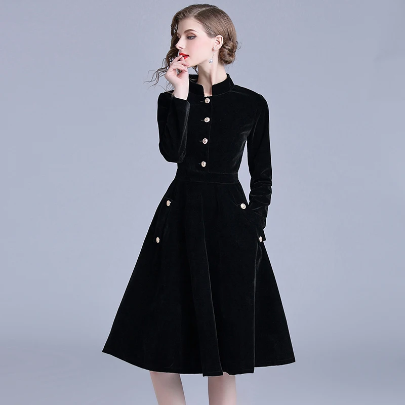 Women Elegant Velvet Dress Autumn Winter Long Sleeve Black Dress Midi-length Ladies
Women Elegant Velvet Dress Autumn Winter Long Sleeve Black Dress Midi-length Ladies