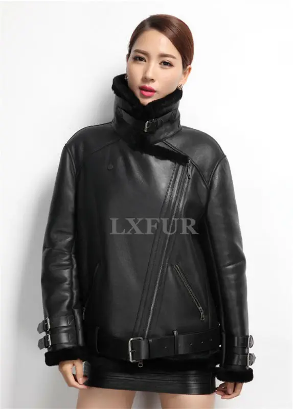 Super Cool! Women Genuine Lamb Fur Lining Coat & Sheep Leather Jakcet Motorcycle Style Garment with Sash Loose Design AU00142