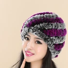 Women's Knit Rex Rabbit Fur Rose Bonnet Hat with Pom Poms Multicolor