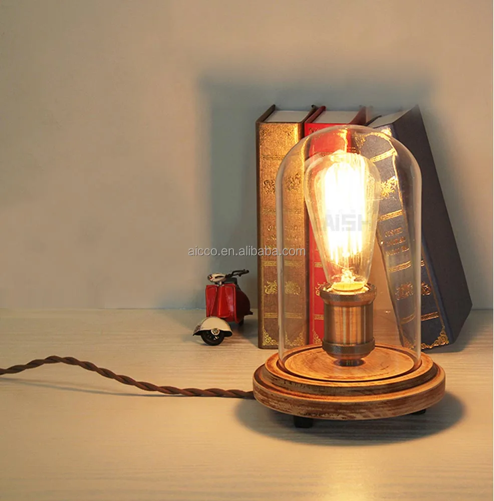 Decoration Lighting Vintage Edison Bulb Wooden Base Table Lamp With Round Clear Glass Modern