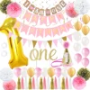 Pink and Gold Theme baby, First Bday Hat with banner, Number one balloon Tassel, 1st Happy Birthday party Decorations set