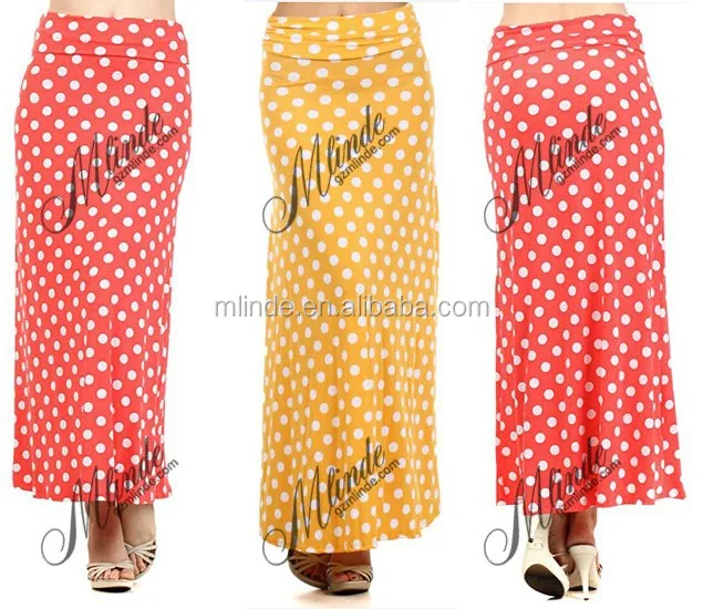 polka dotted knit maxi skirt with a fold-over waist and a flared