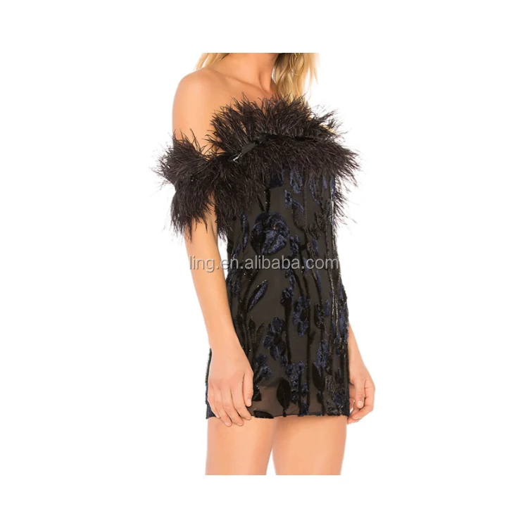 ss19 trendy women dress sexy sheer burnout velvet feather trim