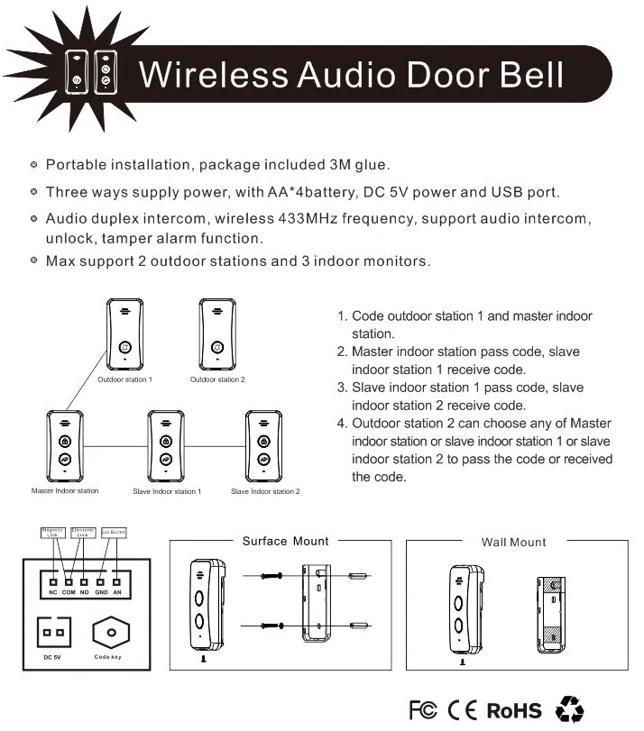 Wireless ADP audio doorbell  1 KM long distance   Wireless Doorbell Intercom with 433 MHz for villa easy DIY ADP