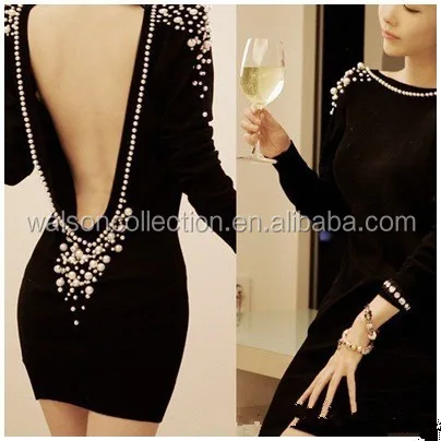 

2015Women luxury embellished pearls beaded pencil dress long sleeve backless sequin dress, Black