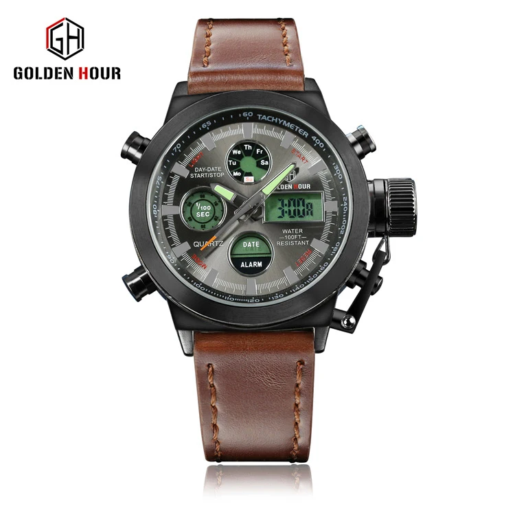 

Golden Hour 103 leather Men Sport Quartz LED Digital 24 Hours Watches Men's Waterproof Wristwatch Relogio Masculino Men Clock