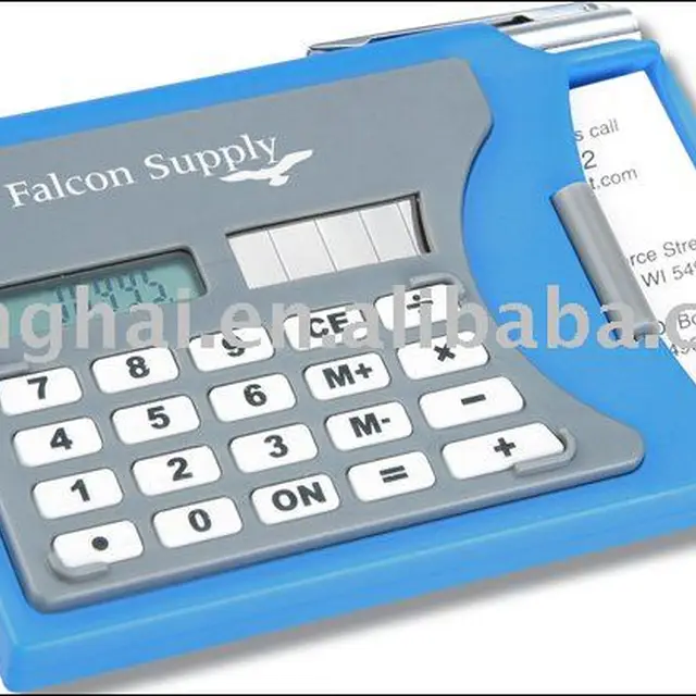 Calculator with business card holder and pen