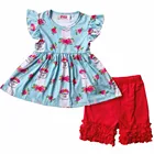 2018 Puresun high quality kids clothing print top and red ruffled pants children spring clothes sets for baby girl
