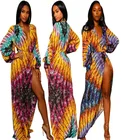 Custom Lady Big Size Lantern Long Sleeve Print Party Dress Sexy Cleavage Deep V Neck Slit Maxi Dresses