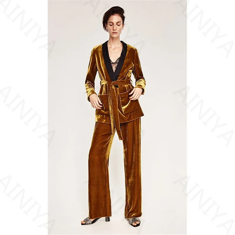 39.1  119   Gold Formal Velvet Blazers Suits Styles Uniforms With 2 Pieces Jackets + Pants Women Slim Fit Pants Business Suits Custom Made