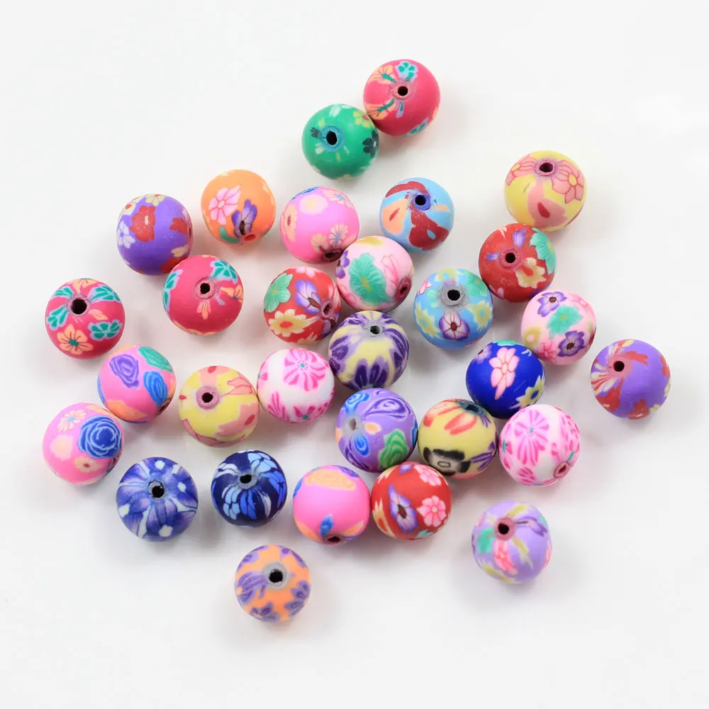 

New Arrive 6mm 8mm 10mm 12mm Fimo Polymer Clay Beads Printing Flower Pattern Round Loose Beads Mix Color For Jewelry Making, Mixed