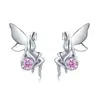 Girl Trendy Brand Silver Jewelry Gift Real 925 Sterling Silver Flower Fairy Unique Pink CZ Stud Earrings